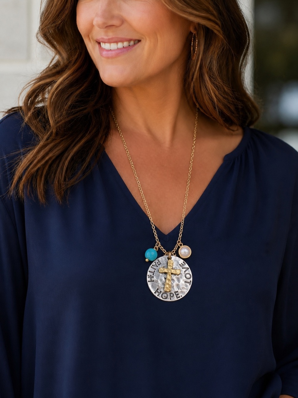Crave Faith Hope Love Cross Necklace Mixed Metal Turquoise Pearl Charm Necklace